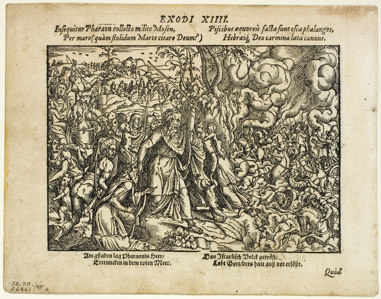 ممر البحر الأحمر (وجه الصفحة) ودفن يعقوب (ظهر) من تمثال Neuwe Biblische Figuren ، اللوحة 48 من نقوش خشبية من كتب القرن السادس عشر بواسطة جوست عمان