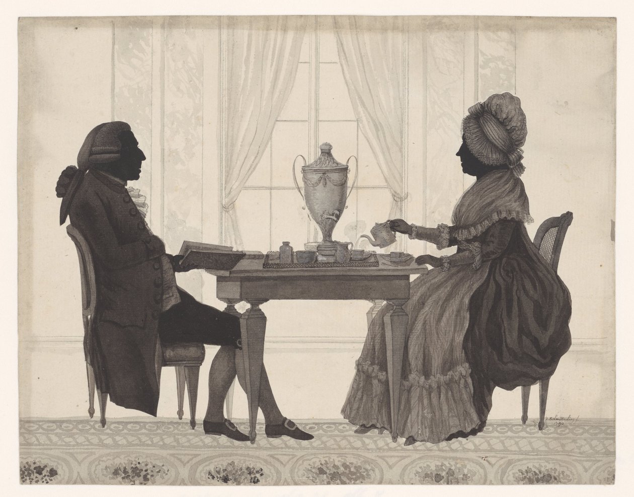 صورة ظلية Louis Metayer (* 1728) و Antoinette Bernard (* 1735) على الطاولة بواسطة جوزيف أدولف شميترلينج