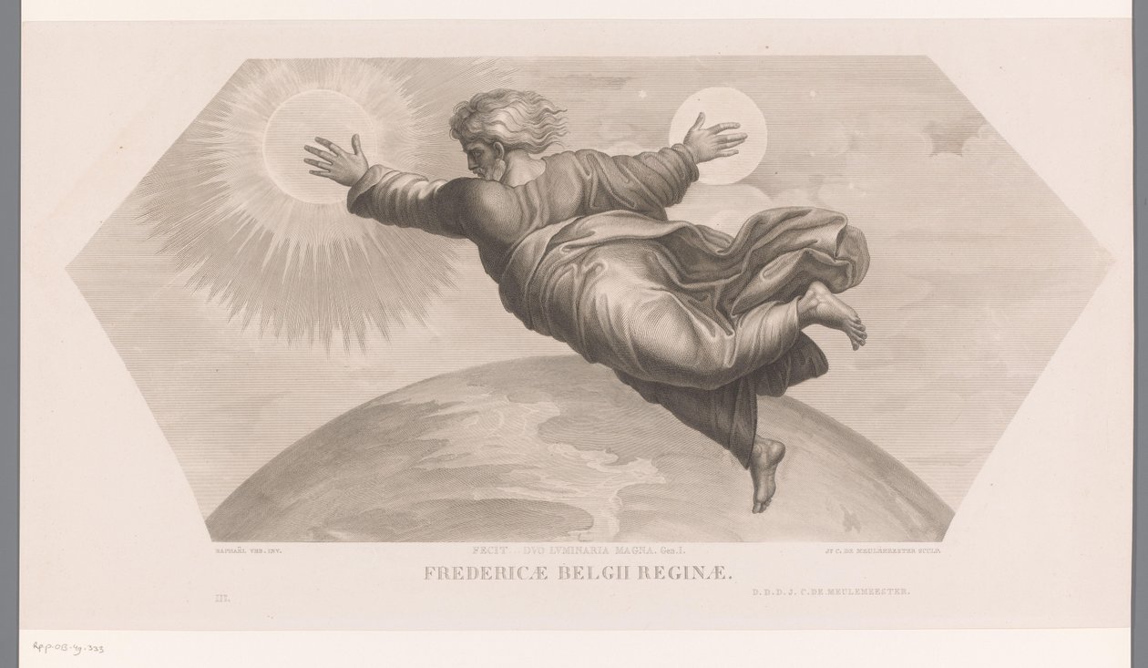 خلق الله الشمس والقمر البراز الثنائي لوميناريا ماجنا. الجين. I. Fredericae Belgii reginae (العنوان على الكائن) Les loges de Raphal (...) sujets de la bible (عنوان السلسلة) مشاهد توراتية من نزل رافائيل (عنوان المسلسل) بواسطة جوزيف كاريل دي مولميستر