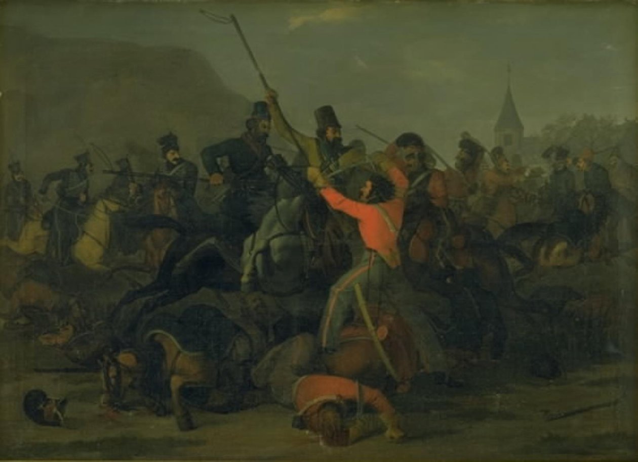 سقوط الكولونيل بونكي بونيتشسن في 6 ديسمبر 1813 خلال مبارزة بين فرسان جوتلاند والقوزاق بواسطة يورغن في