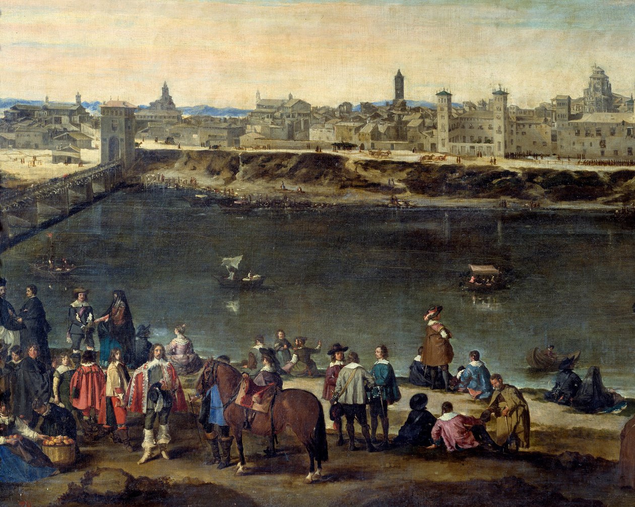 منظر لمدينة سرقسطة (سرقسطة) عام 1646. تفصيل يمثل السادة والتجار على طول النهر. لوحة لخوان باوتيستا ديل مازو (1612-1667) 1646 مدريد ، متحف برادو بواسطة خوان باوتيستا مارتينيز ديل مازو
