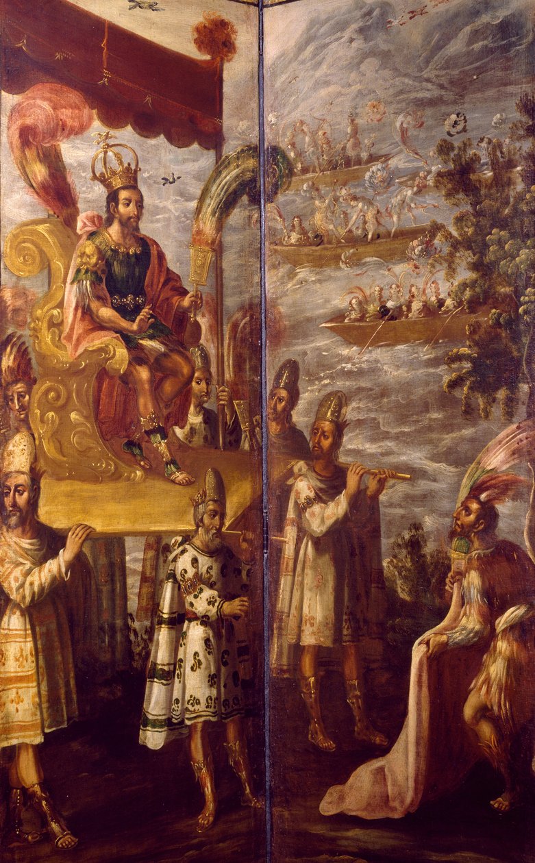 مونتيزوما، تفاصيل من اللقاء بين كورتيس ومونتزوما، شاشة منسوبة إلى خوان كوريا (1645-1716)، زيت على قماش، 250x600 سم بواسطة خوان كوريا