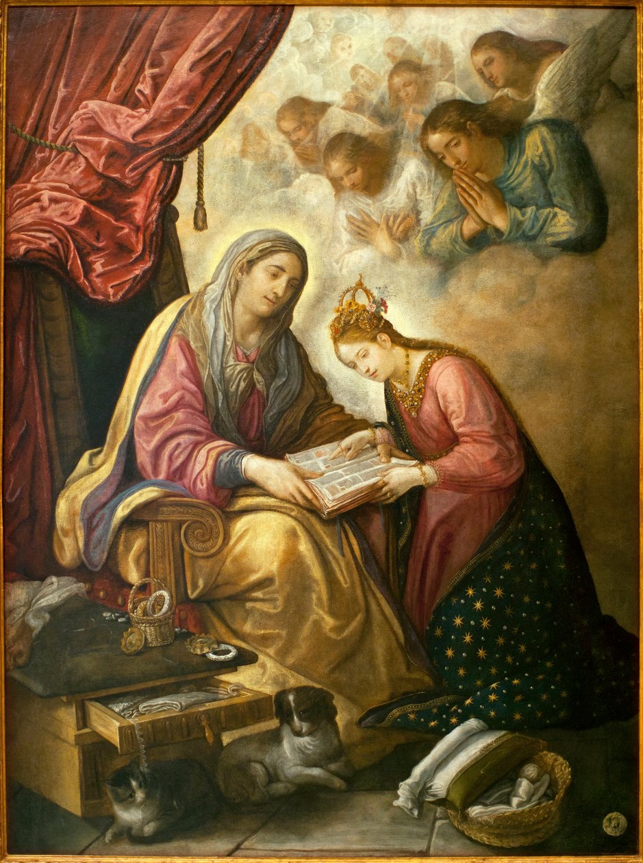 القديسة آن تتعلم القراءة للعذراء - لوحة رسمها خوان دي رويلاس (حوالي 1558 / 1560-1625) ، زيت على قماش ، كاليفورنيا. 1615 - متحف إشبيلية للفنون الجميلة بإسبانيا بواسطة خوان دي رويلاس