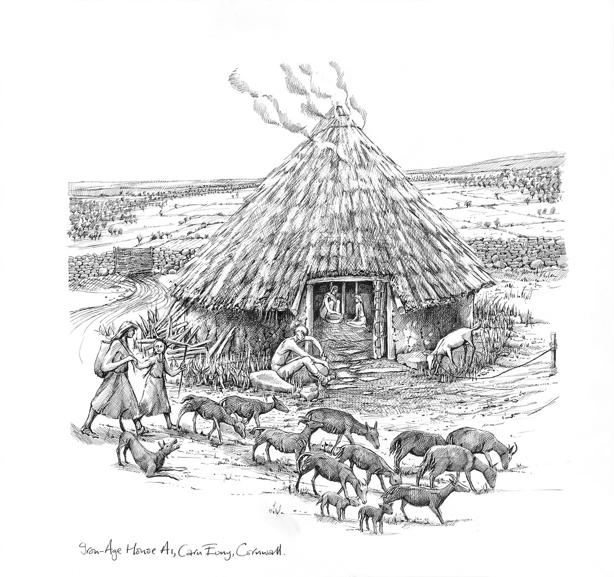 مزارعون وقطيع من الماعز خارج Iron Age Roundhouse ، c1990-2010 بواسطة جوديث دوبي