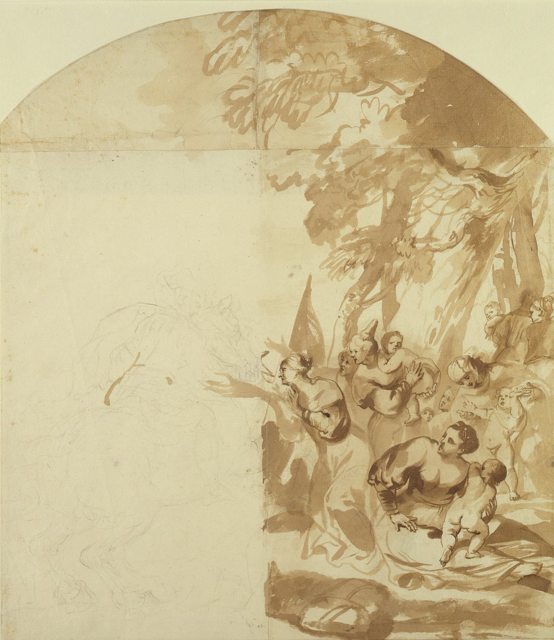 Claudius Civilis يغادر النساء والأطفال للقتال في Xanten (قلم وحبر بني فوق قلم رصاص على ورق) (غير مكتمل) بواسطة يورغن أفران