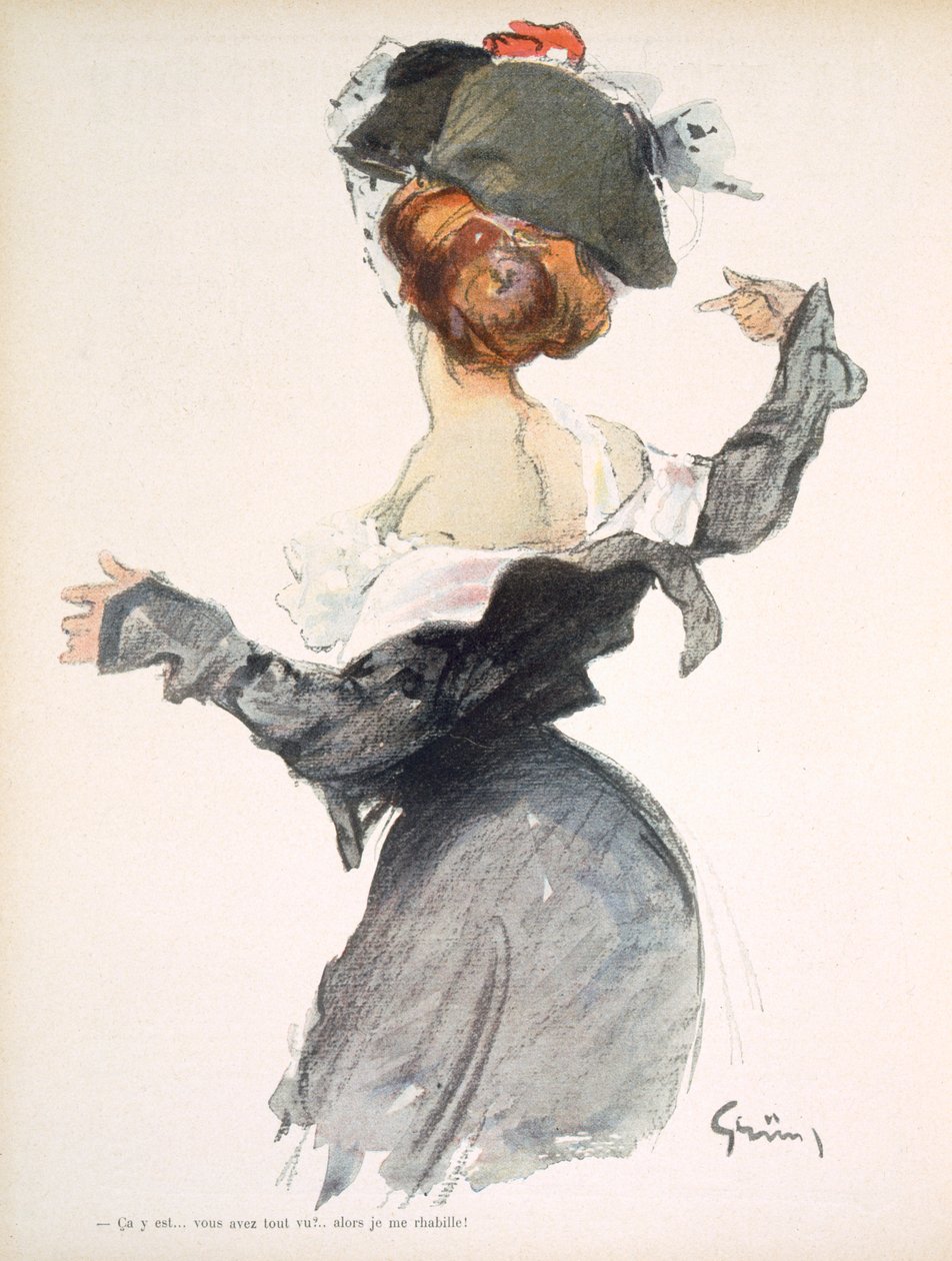 رسم كاريكاتوري لامرأة يؤدي تعريًا سريعًا خلال الحرب العالمية الأولى ، من فيلم La Baionnette عام 1915 بواسطة جول ألكسندر جروين أو جرون