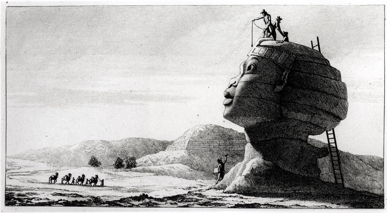 الفرنسي الذي يقيس تمثال أبو الهول ، من رحلة في مصر بواسطة دومينيك فيفانت دينون (1747-1825) ، منقوش بواسطة ديبارش ، 1802 (وزن الصورة) بواسطة جول الفريد فنسنت ريجو