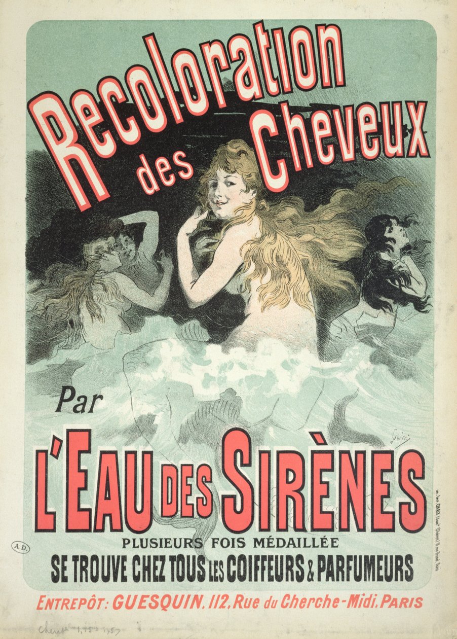 الإعلان عن الملصقات الإعلانية لتلوين الشعر L&39;Eau des Sirenes ، 1899 بواسطة جول تشيريت