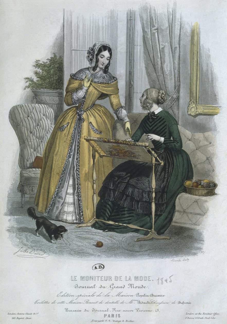لوحة أزياء ، باريس ، رسم توضيحي من "Le Moniteur de la Mode" ، منقوش بواسطة Lecomte ، 1845 (نقش الألوان) بواسطة جول ديفيد