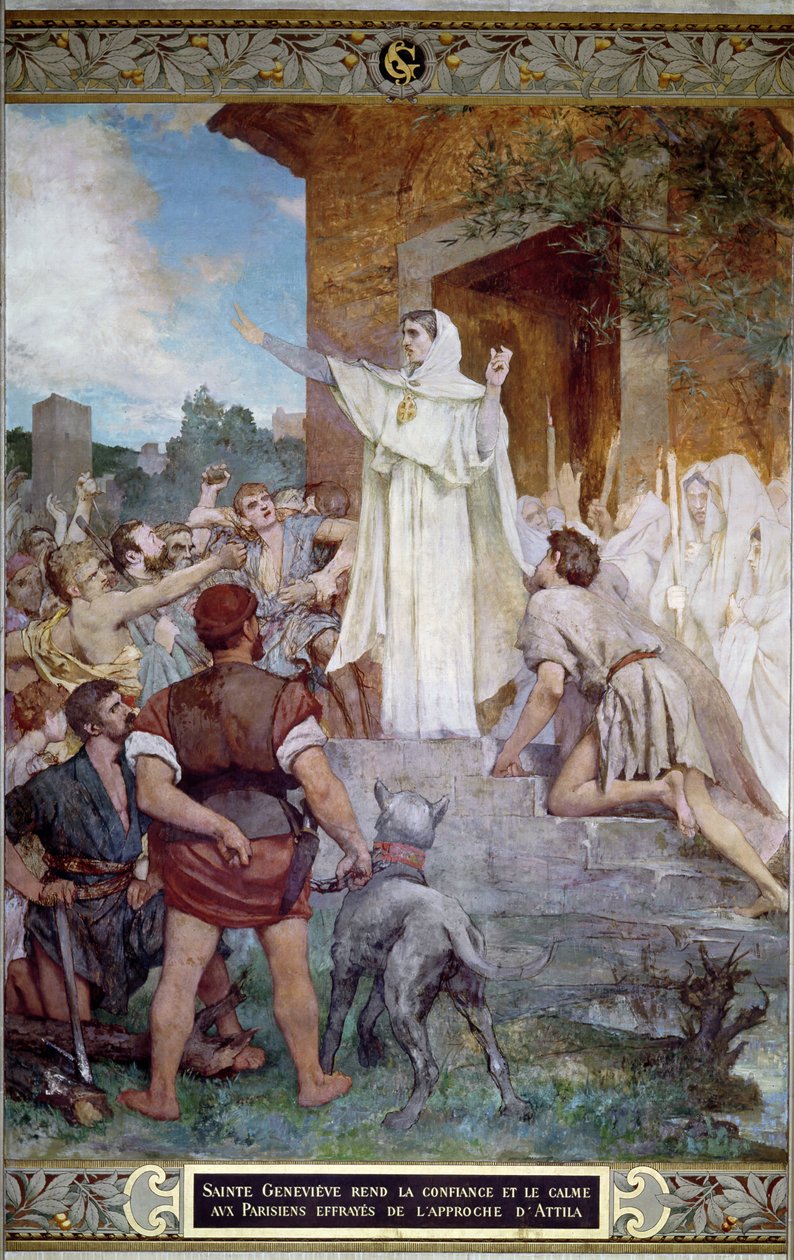 القديس جينيفيف تهدئة الباريسيين على نهج أتيلا (c.406-453) بواسطة جول إيلي ديلوناي
