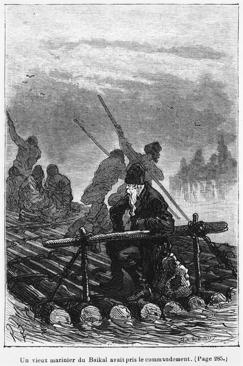 تولى زورق بايكال قديم قيادة الطوافة ، رسم توضيحي من "ميشيل ستروغوف" لجول فيرن (1828-1905) الذي نقشه تشارلز باربانت (ت 1922) باريس ، هيتزل بواسطة جول فرات