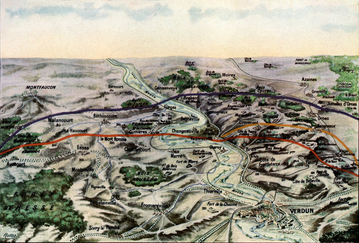 صورة لخريطة فرنسية تظهر ساحات معارك فردان ، سبتمبر 1916 (ذاتي اللون) بواسطة جول جيرفيه كورتيلمونت