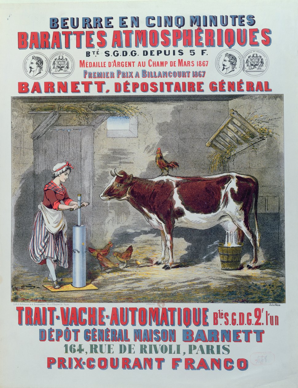 إعلان عن آلة الحلب والغلاف الجوي من Maison Barnett ، باريس ، c.1867 بواسطة جول جراس