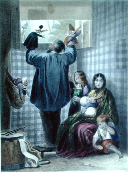 خلف الكواليس في عرض للدمى المتحركة لـ "La Comedie du Chat" ، حوالي عام 1840 (نقش ملون) بواسطة جول (بعد) ديفيد