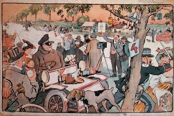 صورة كاريكاتورية لـ M. Fournier أثناء انطلاقه في رالي باريس-برلين بواسطة جول هابيل فافر