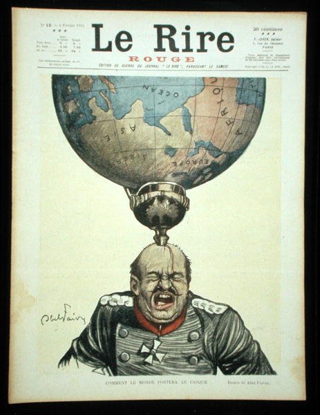 كيف يرتدي العالم الخوذة ، الغلاف الأمامي لـ "Le Rire Rouge" ، 6 فبراير 1915 (لون ليثو) بواسطة جول هابيل فافر