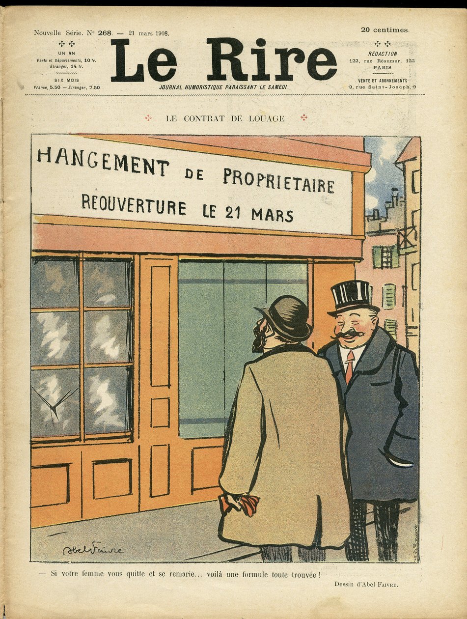 رسم توضيحي لأبل فيفر (1867-1945) لغلاف Le Rire ، 21/03/08 - عقد الإيجار - التخطيط العمراني للعمارة ، الزفاف ، الزنا ، المتاجر بواسطة جول هابيل فافر
