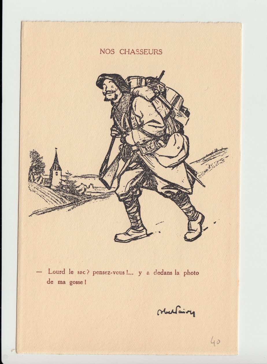 بطاقة بريدية ، ساخرة في N & B ، كاليفورنيا. 1915: صيادونا - حرب 14-18 ، تصوير ، أبوة ، مربى الجمجمة - جنود ، رسم صيادون جبال الألب بواسطة أبيل فيفر (1867-1945) بواسطة جول هابيل فافر