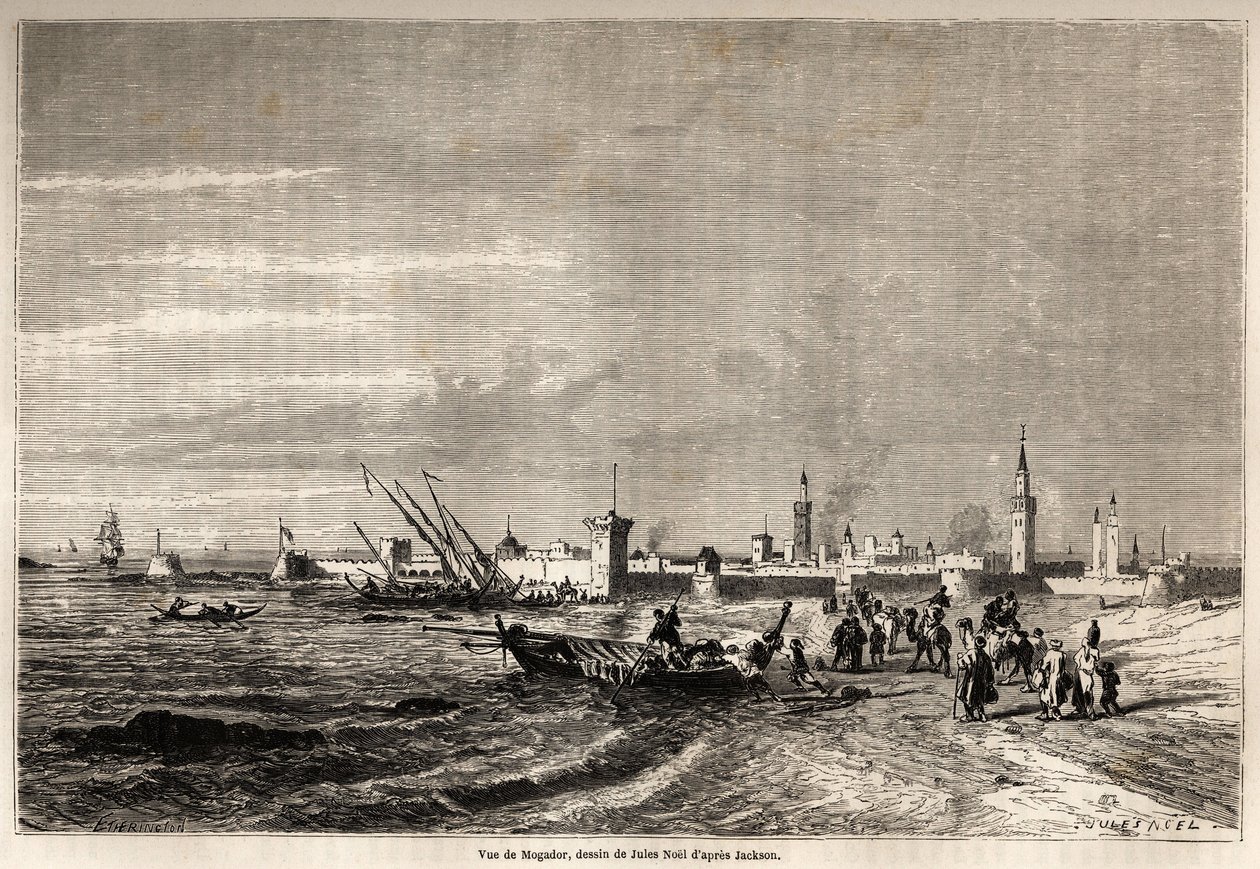 منظر للصويرة (موغادور سابقاً) رسمه جول نويل (1810-1881) لتوضيح السيد ف. رحلة شيكلر إلى المغرب عام 1860. نقش في "" حول العالم ، مجلة سفر جديدة "" باريس بواسطة جول أخيل نويل