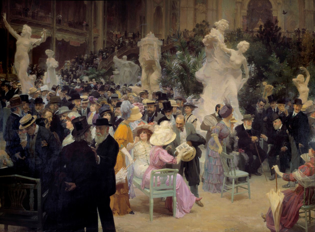 Belle epoque: "" جمعة في صالون الفنانين الفرنسيين "يلتقي أعضاء البرجوازية الباريسية بمناسبة المناسبات الاجتماعية. التفاصيل. لوحة لجول الكسندر جرون (1868-1934) 1911 صن. 3،6x6،16 م روان ، متحف الفنون الجميلة بواسطة جول ألكسندر جروين أو جرون