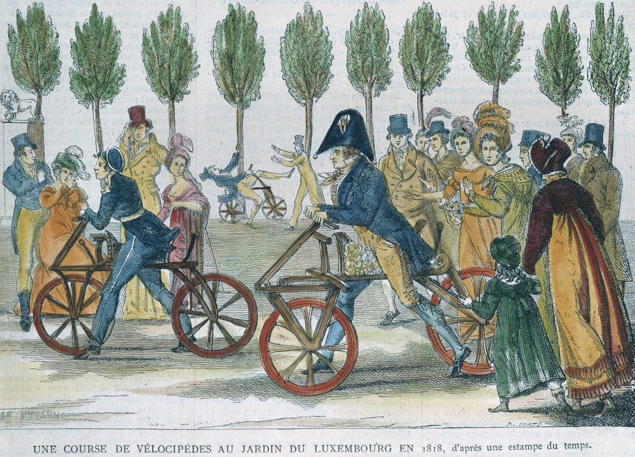 سباق velocipede في Jardin du Luxembourg في عام 1818 بعد نقش الوقت ، نقشه P. Comte (القرن التاسع عشر) (نقش الألوان) بواسطة جول أنطوان دوفو