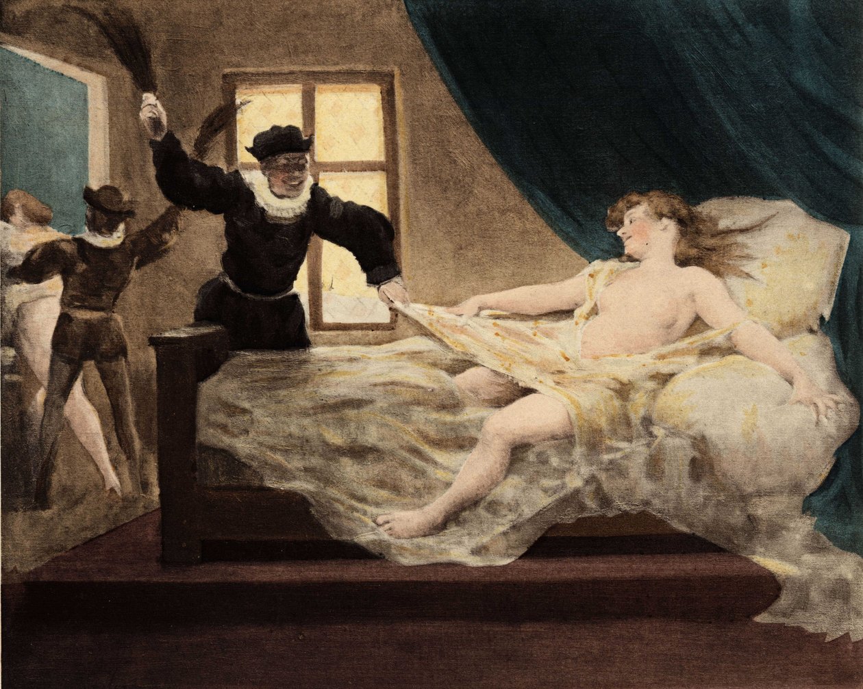 رجل يقبض على رجل يجلد فتاة صغيرة ضُبطت في الفراش في يوم البراءة. بانتاغرويل. رسم توضيحي لجول غارنييه. في "Rabelais et l