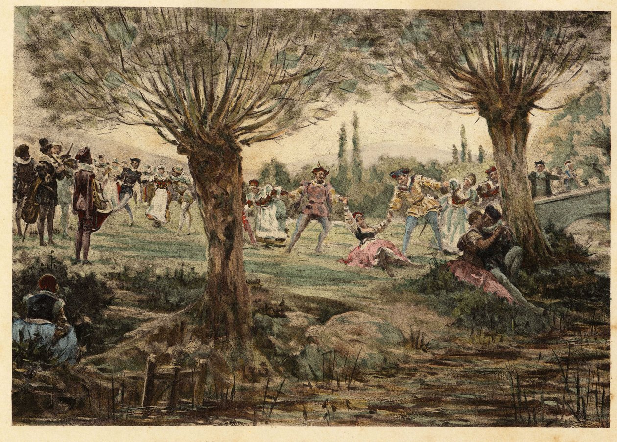 راقصون وموسيقيون خلال حفل ماردي غرا. جارجانتوا. رسم توضيحي لجول غارنييه. في "Rabelais et l