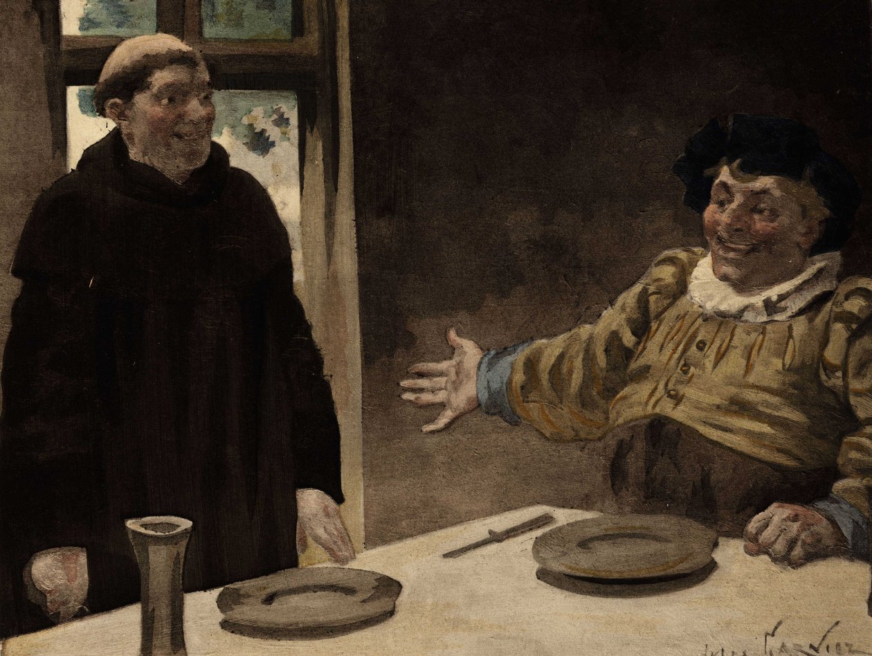 غارغانتوا يدعو فرير جان، راهب دير سيوي، لمشاركته في وجبته. غارغانتوا. رسم توضيحي لجول غارنييه. في "Rabelais et l