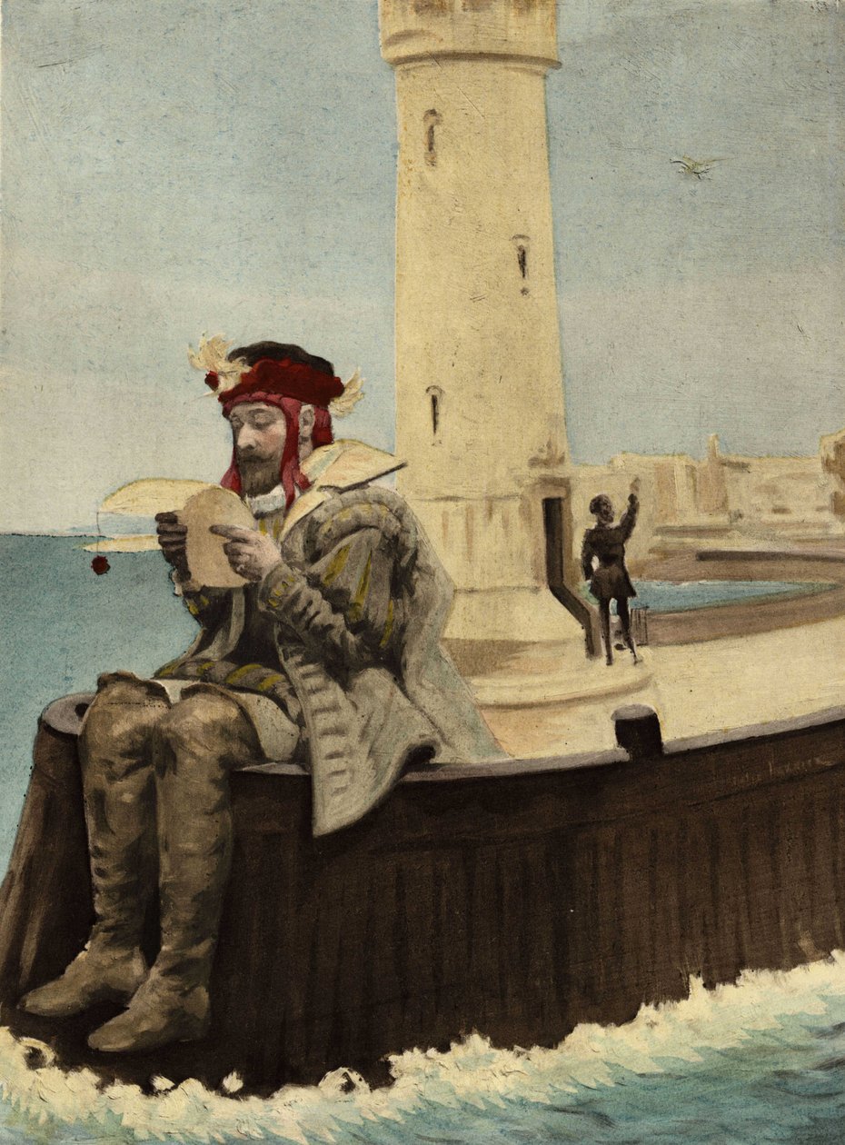 بانتاغرويل يقرأ رسالة من والده غارغانتوا وهو جالس بالقرب من منارة جزيرة ميداموثي. بانتاغرويل. رسم توضيحي لجول غارنييه. "Rabelais et l