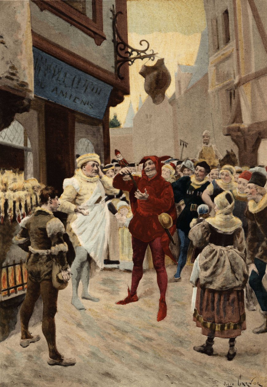 باريس، الروستيسوار (المشواة) في بير شاتليه. صراع بين موظف ورجل متهم بعدم دفع ثمن وجبته. بانتاغرويل. رسم توضيحي لجول غارنييه. في "Rabelais et l