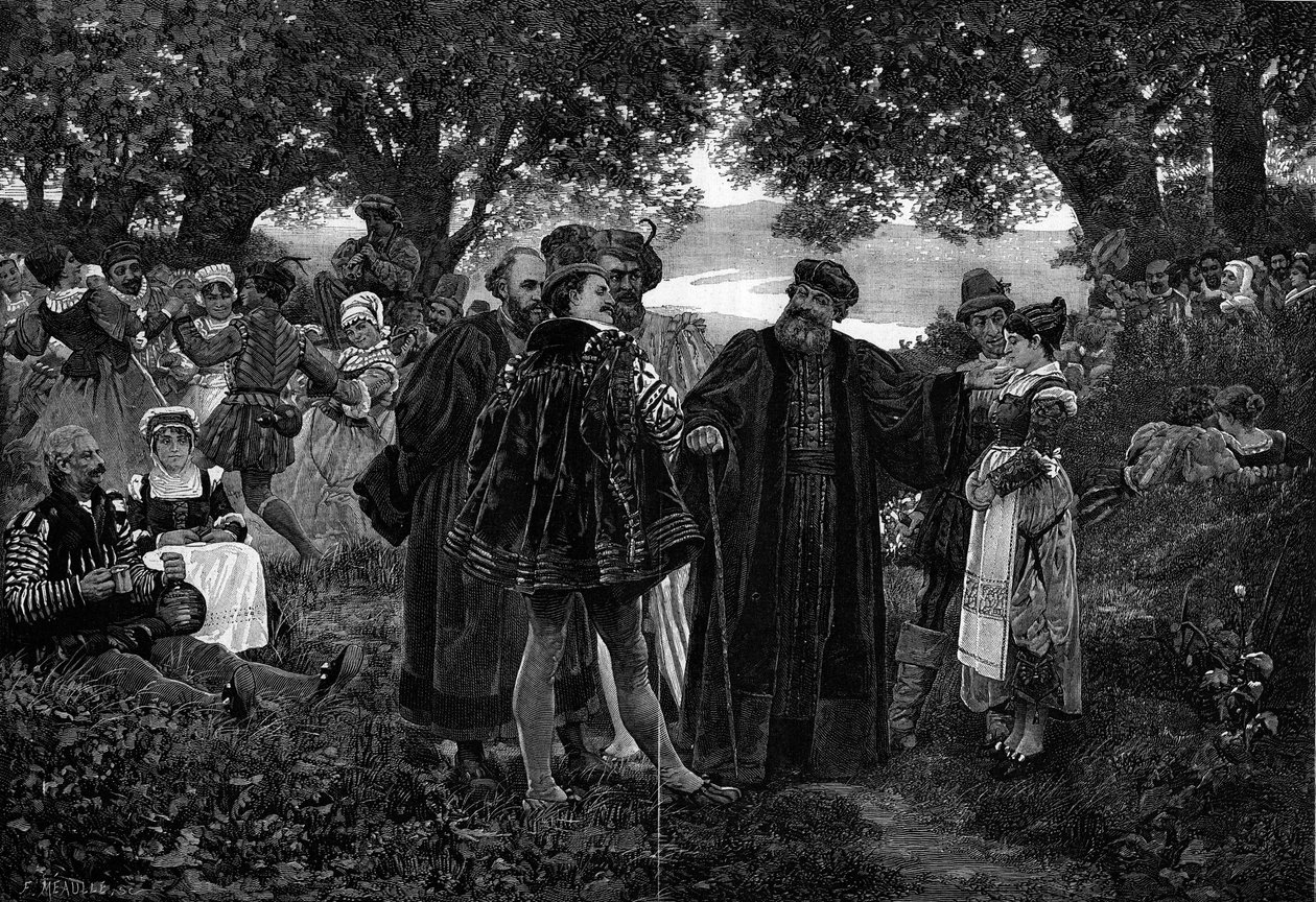 Rabelais ، علاج Meudon. الكاتب فرانسوا رابليه (1483-1553) رب وليمة في غابة ميودون. كان أبرشية Meudon من 1551 إلى 1553. نقش بعد اللوحة التي رسمها Jules Garnier (القرن التاسع عشر) في "" The Illustrous World "" رقم 1210 في 5 يونيو بواسطة جول أرسين غارنييه