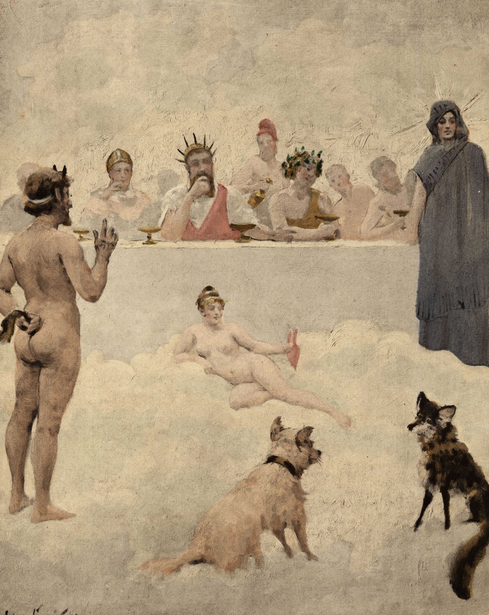 يعود إله الحدائق بريابوس أمام مجلس الآلهة. في الوسط، يوبيتر (جوبيتر، زيوس). إلى يساره باخوس (ديونيسوس، باكو). وفي الأسفل كلب وثعلب. بانتاغرويل. رسم توضيحي لجول غارنييه. في "Rabelais et l