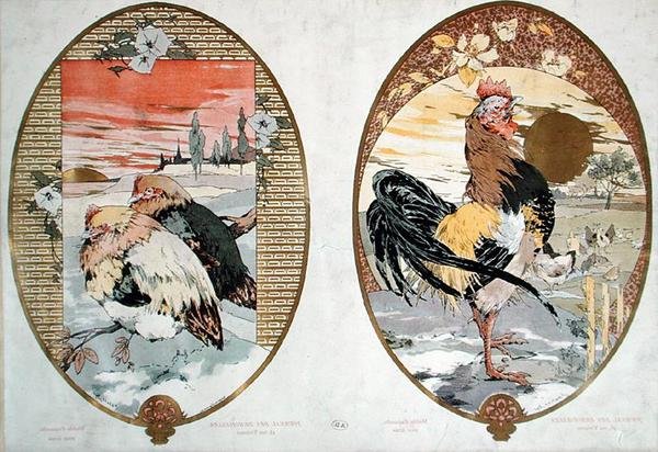 الديك والدجاج ، تصميم لشاشة ، حوالي 1900 (لون ليثو) بواسطة جول أوغست هابيرت ديس