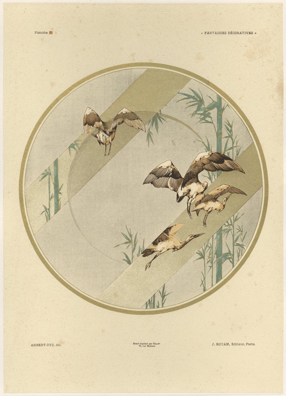 Storks ، اللوحة 10 من "ديكورات Fantaisies" ، محفورة بواسطة Gillot ، نشرها Jules Rouam ، Librairie de l&39;Art ، باريس ، 1887 (نقش الألوان) بواسطة جول أوغست هابيرت ديس