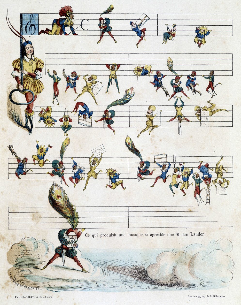 ملاحظات عن الموسيقى على إحدى المقطوعات ، رسمها باريك يرجع تاريخها إلى عام 1862 لتوضيح كتاب أطفال كروكنوتسكي الذي يروي قصة مارتن لاندور. بواسطة جول باريك