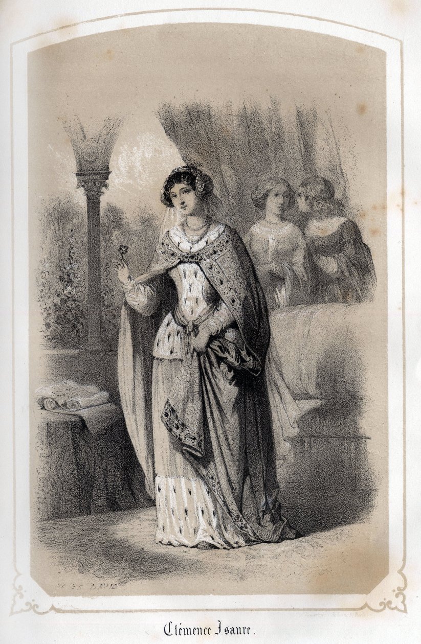 صورة لكليمنس إيزوري ، سيدة تولوز التي كانت ستعيش في القرن الرابع عشر. في "Les femmes Illustres de la France" للكونتيسة DROHOJOWSKA. يتضح من رسومات MM JULES و BAYALOS. حوالي عام 1850. بواسطة جول وبايلوس أيمي دي ديفيد