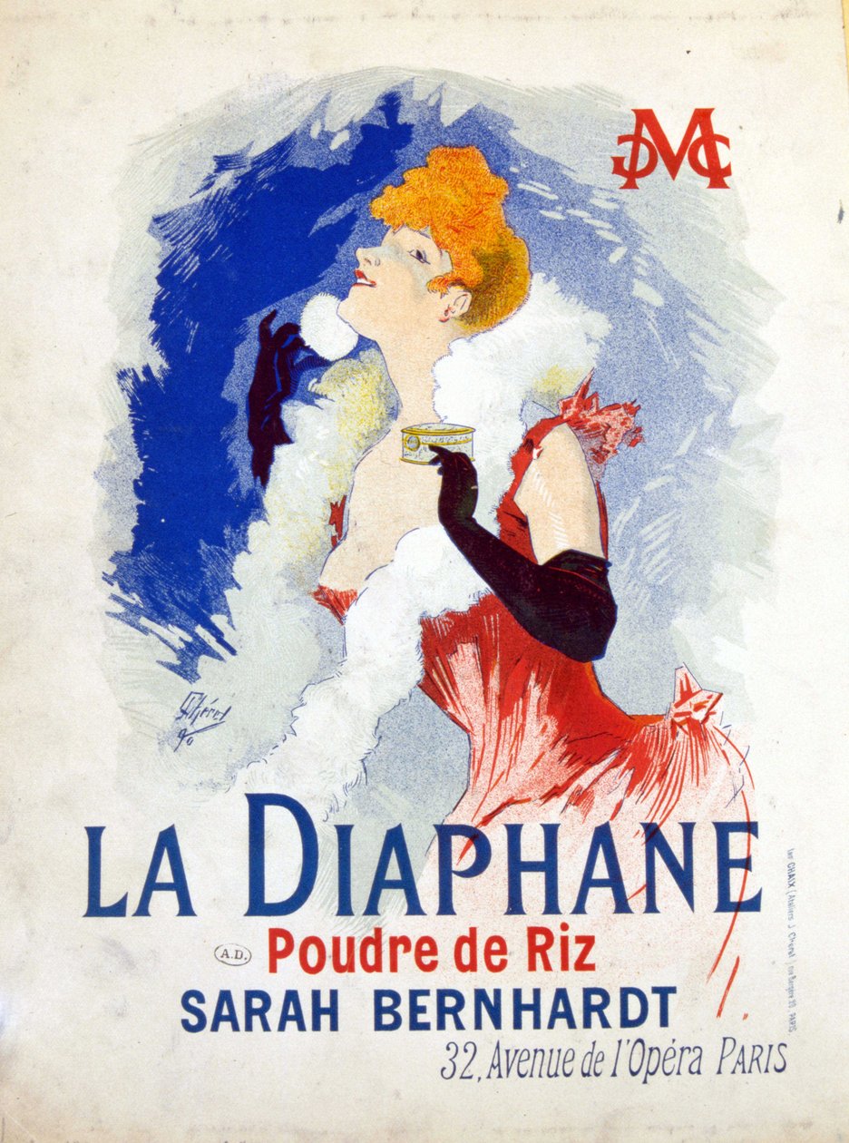 إعلان عن "" La Diaphane: Rice Powder "" Henriette Rosine Bernard المعروف أيضًا باسم Sarah Bernhardt بواسطة جول تشيريت