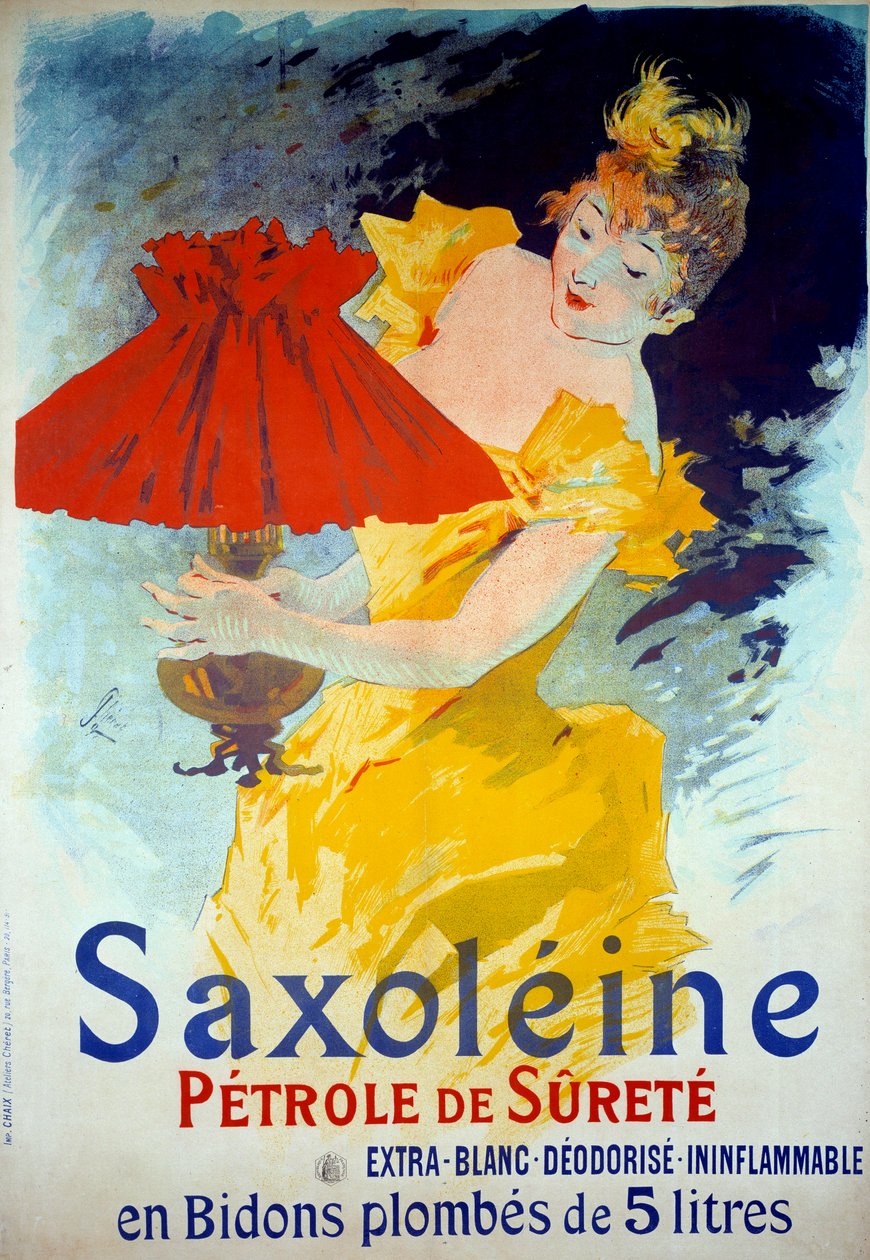 ملصق إعلاني لمنتج "Saxoleine Petrole de surete": امرأة تضع الزيت في مصباح. الإعلان الملصق "Saxoleine" ، زيت مصباح الأمان بواسطة Jules Cheret (1836-1932) بواسطة جول تشيريت