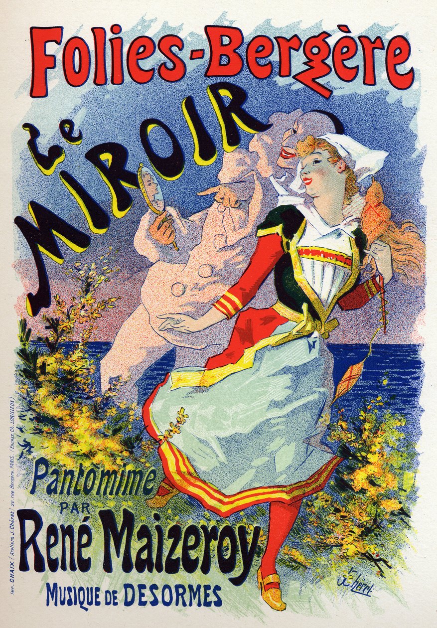 فن. وسائل الترفيه. المرآة ، عرض التمثيل الصامت في كباريه Les Folies Bergeres ، باريس. ملصق بواسطة Jules Cheret ، فرنسا ، حوالي 1890 (ملصق) بواسطة جول تشيريت