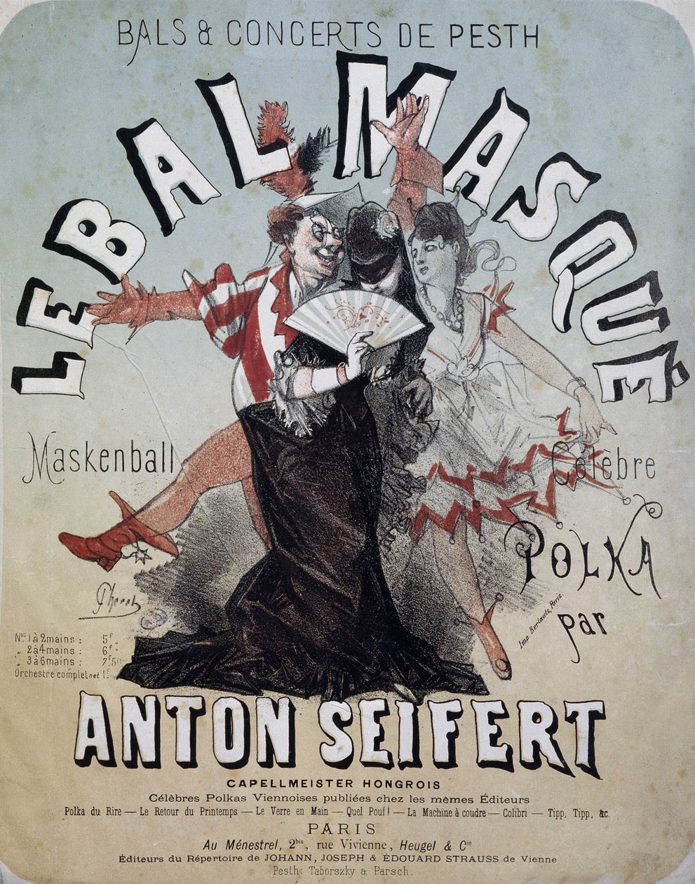 الكرة والحفل الموسيقي لـ Pesth: الكرة المقنعة (Maskenball ، Polka الشهيرة من تأليف Anton Seifert) - ملصق بواسطة Jules Cheret ، بدون تاريخ. بواسطة جول تشيريت