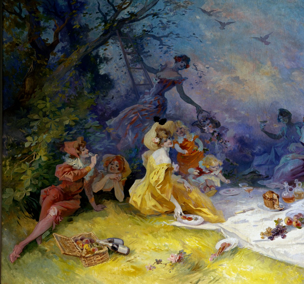 الإفطار على العشب مشهد نزهة ريفية. التفاصيل. لوحة لجول شيريت (1836-1932) في القرن العشرين نيس ، متحف شيريت بواسطة جول تشيريت