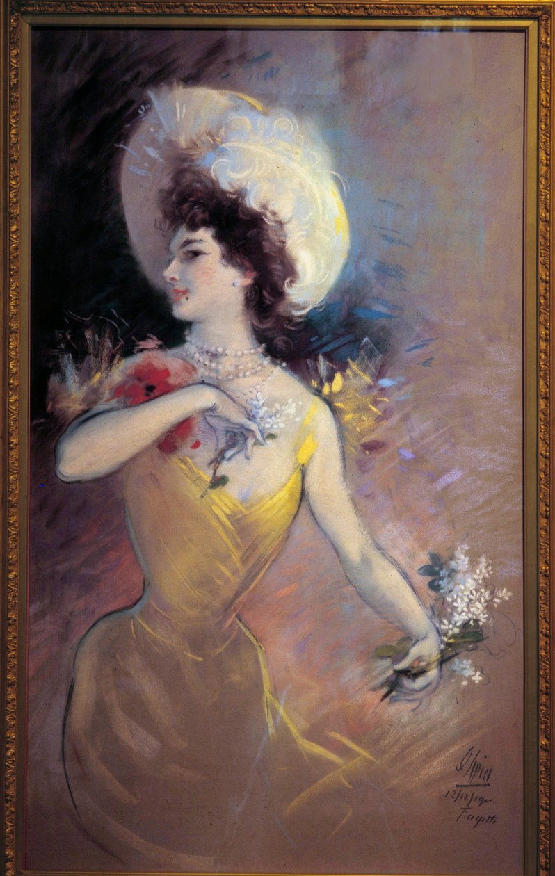 Fagette Young woman with hat and bouquet of flowers. Painting by Jules Cheret (1836-1932) 1900. Nice, Musee Cheret بواسطة جول تشيريت
