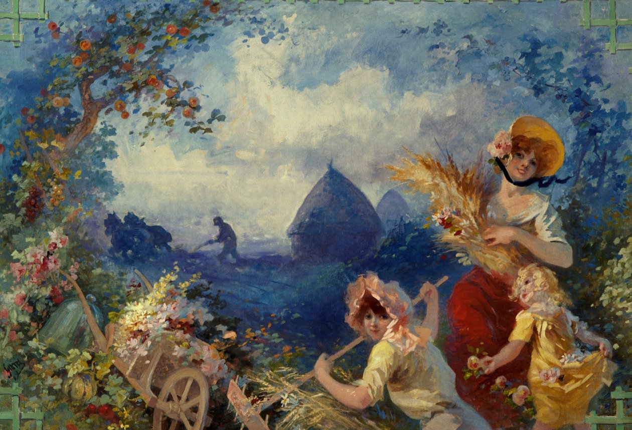La Terre Allegorie تمثل شابات يحملن جزمة قمح على خلفية موسم الحصاد. كرتون للنسيج لجول شيريت (1836-1932) القرن العشرين نيس ، متحف شيريت بواسطة جول تشيريت