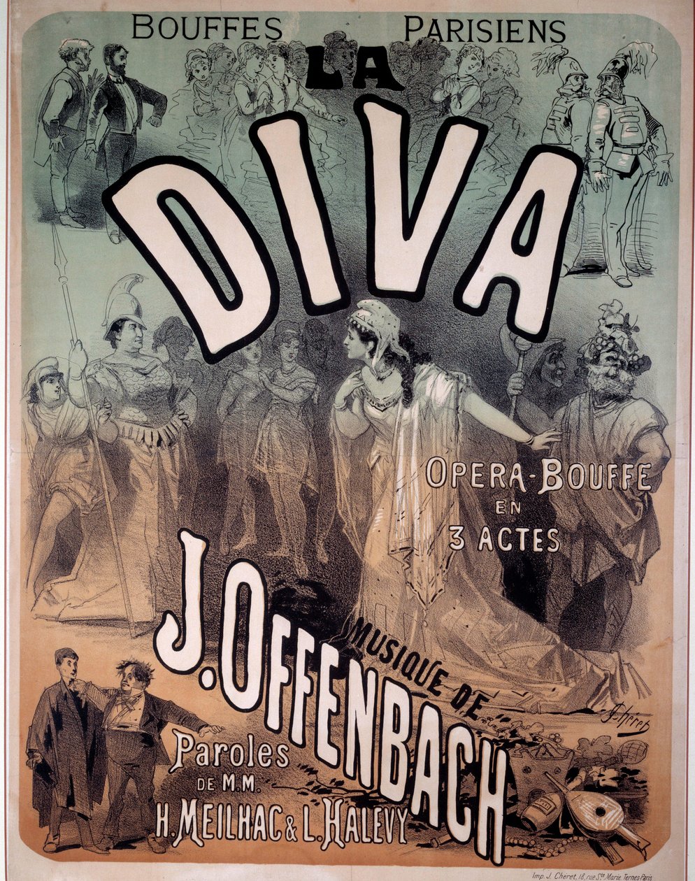 ملصق أوبرا "ديفا" للموسيقى جاك أوفنباخ (1819-1880) في Parisian Bouffes بواسطة جول تشيريت