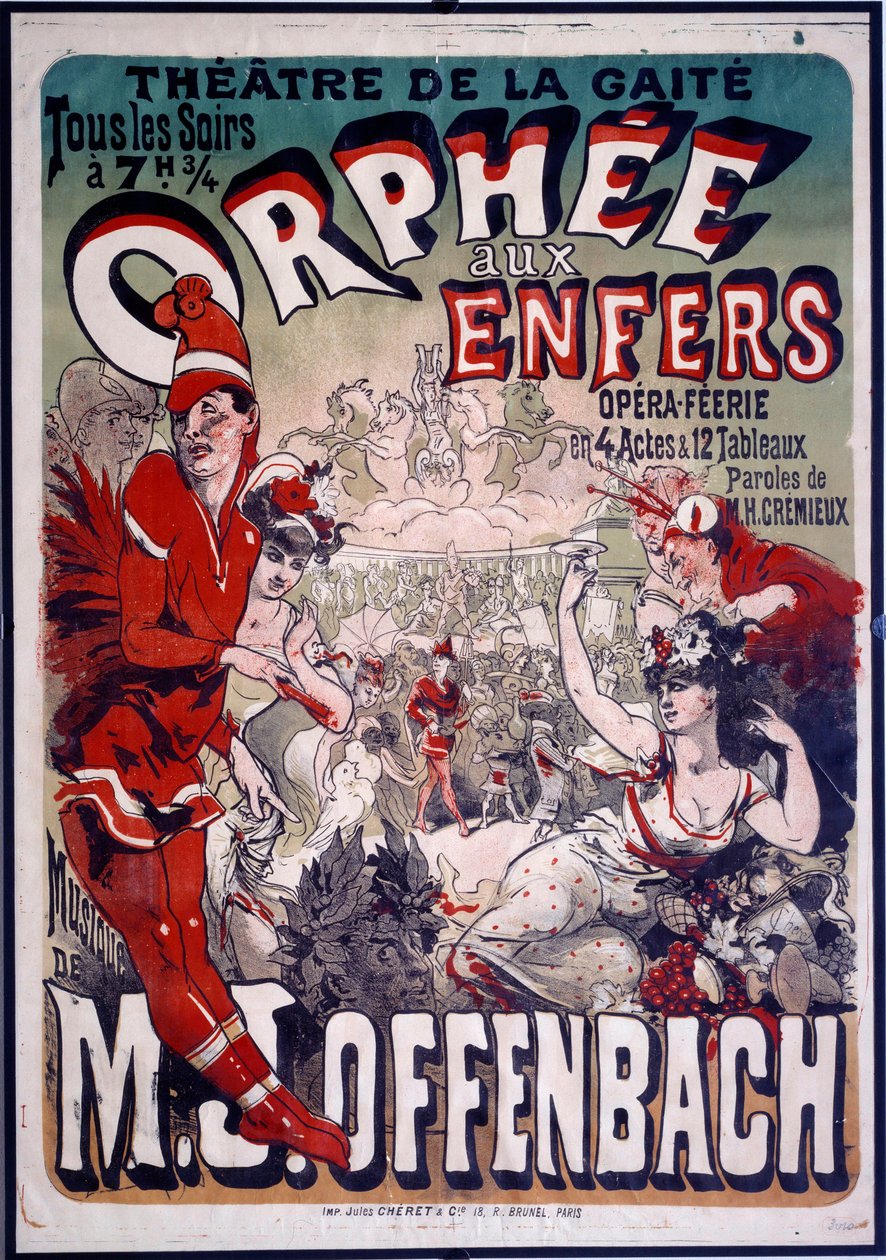 ملصق أوبرا "Orphee aux Envers" للموسيقى جاك أوفنباخ (1819-1890) في مسرح دي لا غايت في باريس. رسم إيضاحي لـ Jules Cheret (1836-1932) 1874. بواسطة جول تشيريت