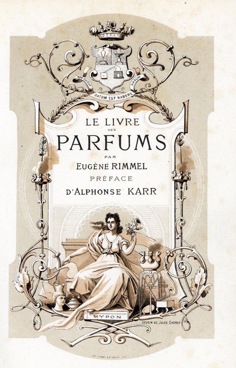 صفحة العنوان مع شعار النبالة وامرأة تحمل وردة ، جالسة على ترون - رسم لجول شيريت (1836-1932) من Le Livre des Parfums بقلم يوجين ريميل (1820-1887) ، فرنسا بواسطة جول تشيريت