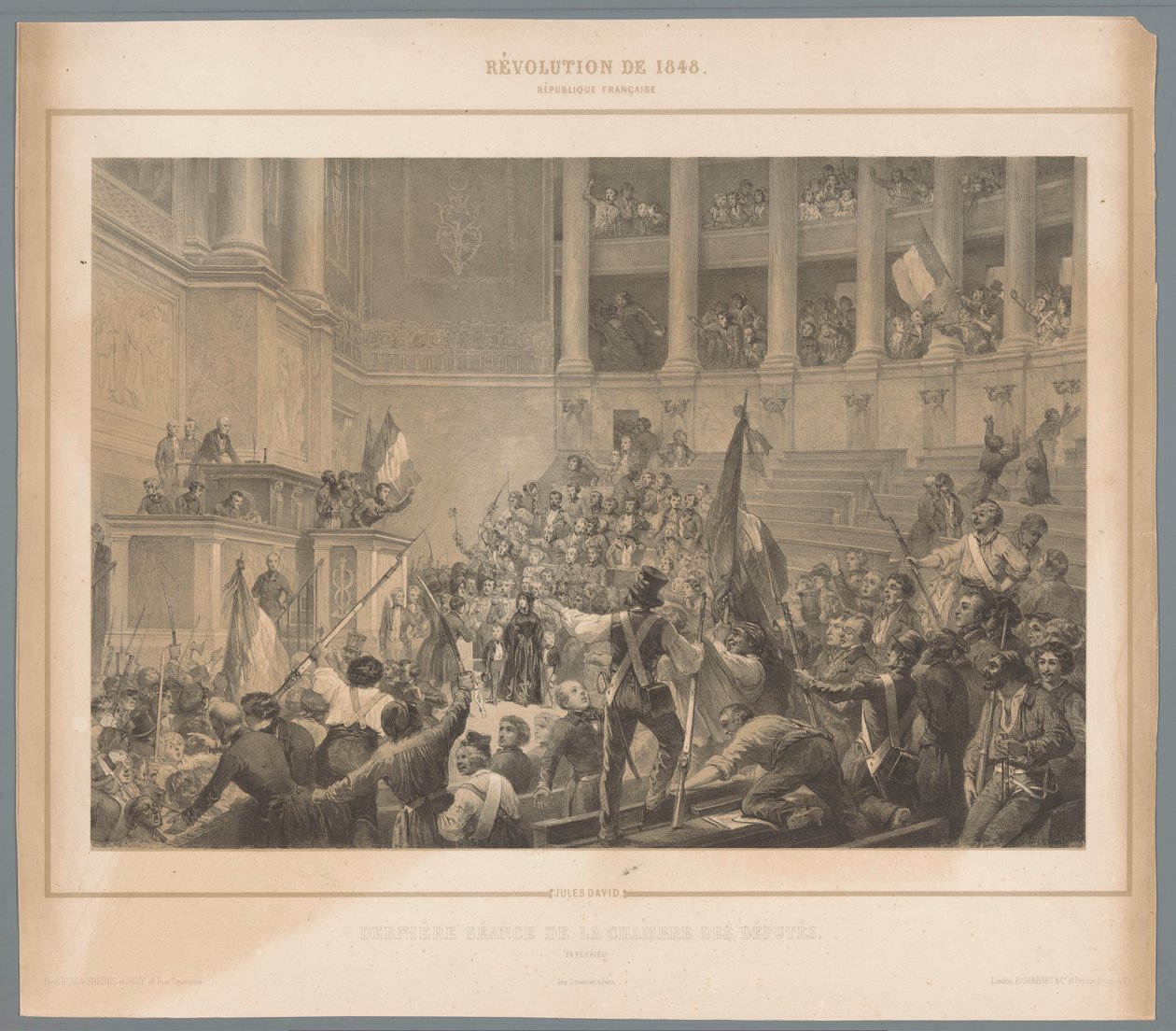 المتمردون الباريسيون يعطلون اجتماع مجلس النواب Dernière séance de la chambre des députés (العنوان على الكائن) مشاهد من ثورة فبراير 1848 (عنوان المسلسل) Revolution de 1848 (عنوان السلسلة على الكائن) بواسطة جول ديفيد