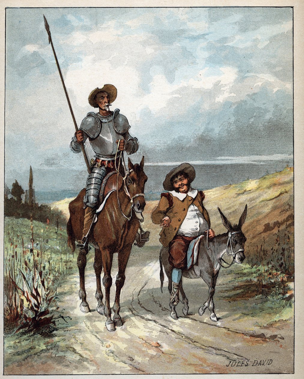 دون كيشوت وسانشو بانزا - رسم لجول ديفيد (1808-1892) من هيستوار دي دون كيشوت (دون كيشوت) - 1887 - بقلم ميغيل دي سيرفانتس سافيدرا (1547-1616) - بواسطة جول ديفيد