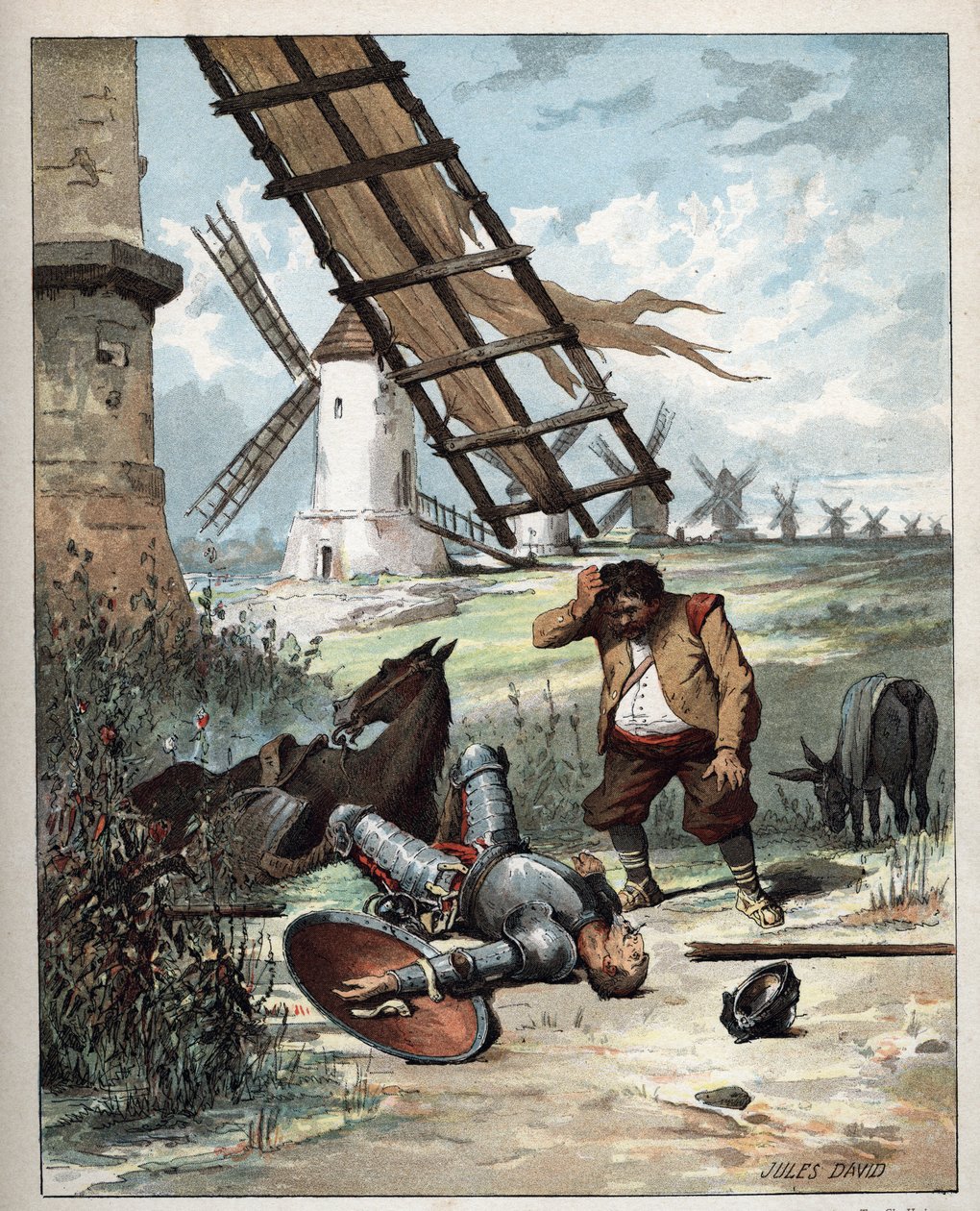 دون كيشوت وطواحين الهواء - رسم لجول ديفيد (1808-1892) من هيستوار دي دون كيشوت (دون كيشوت) - 1887 - بقلم ميغيل دي سيرفانتس سافيدرا (1547-1616) - بواسطة جول ديفيد