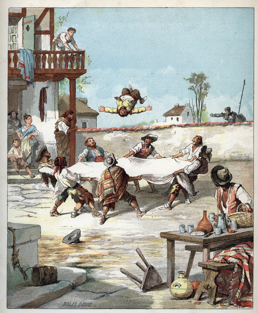 في فندق Inn Sancho Panza ، اتصل بسيده Don Quixote لمساعدته - في الفندق ، يصنع des gaillards voltiger Sancho Panza ببطانية ، ويدعو سانشو لمساعدة سيده دون كيشوت - رسم لجول ديفيد (1808-1892) من التاريخ بواسطة جول ديفيد